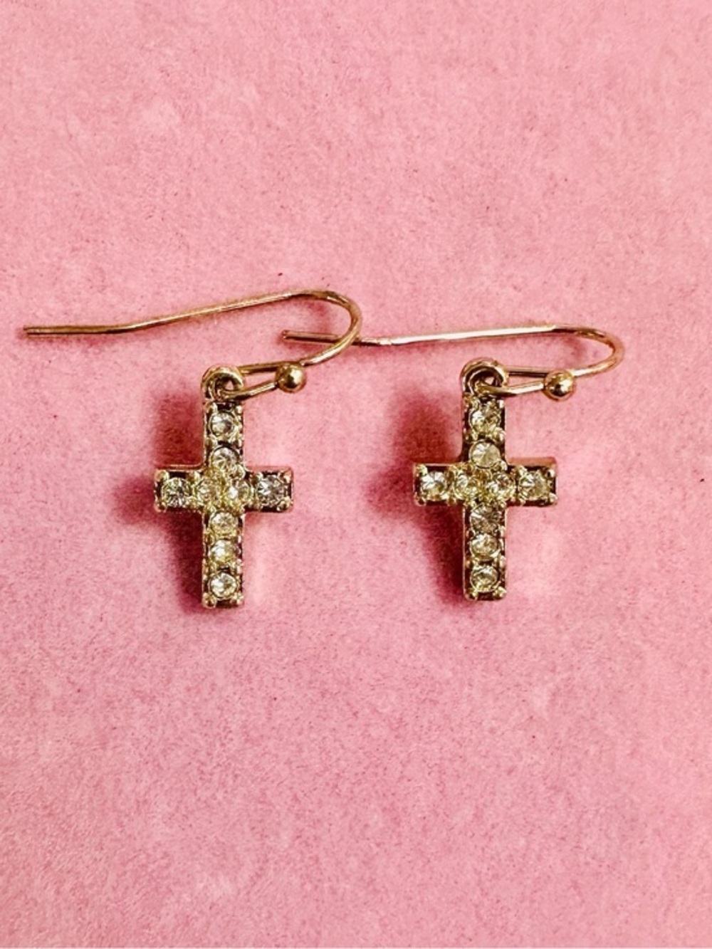 Gold Tone CZ Cross Dangle Earrings